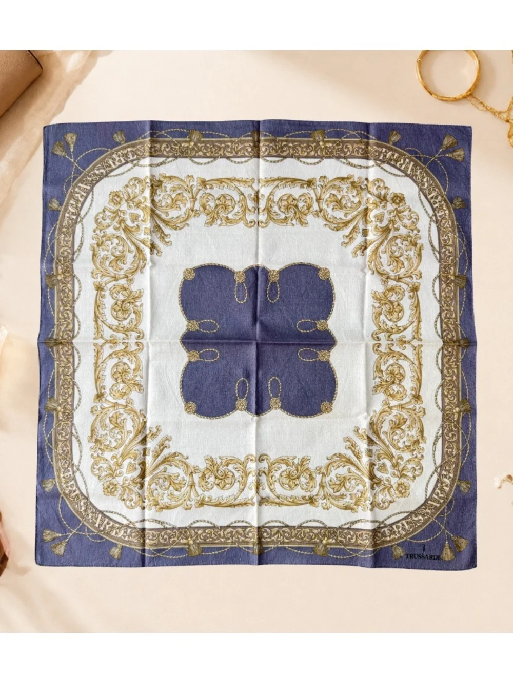 Vintage Trussardi Purple Baroque Scarf Neckerchief Pocket Square Tassel 18.5in